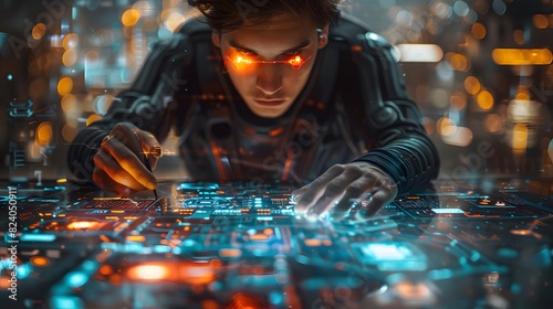 A man is looking at a computer screen with glowing red eyes. Concept of mystery and intrigue, as the man's gaze seems to be focused on something beyond the screen