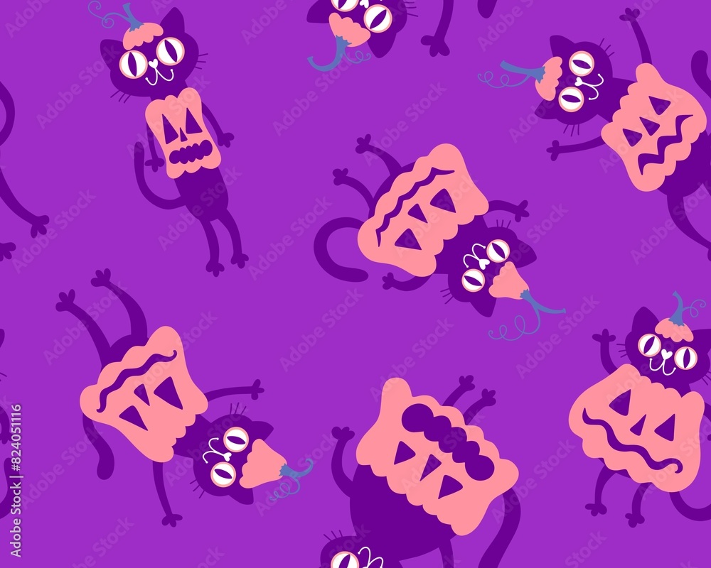 Halloween animals seamless cats and pumpkins pattern for wrapping paper Halloween animals seamless cats and pumpkins pattern for wrapping paper