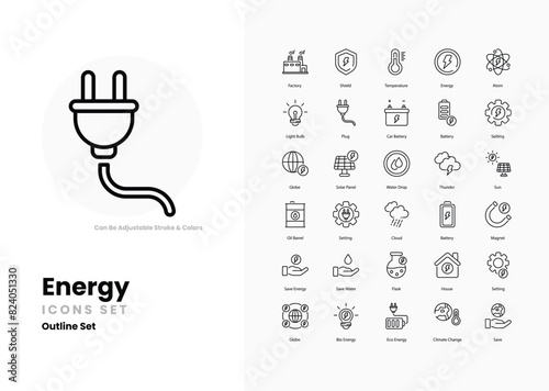 Energy icons collection. Set contains such Icons as power plant, renewable energy, solar panel, wind turbine, battery, electricity, energy efficiency, and more