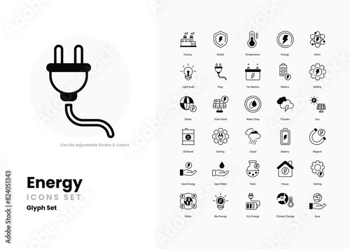 Energy icons collection. Set contains such Icons as power plant, renewable energy, solar panel, wind turbine, battery, electricity, energy efficiency, and more