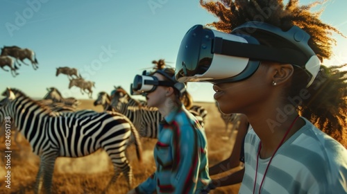 A group of excited virtual reality participants watching in awe as a herd of stampeding zebras runs past them on the virtual savannah. photo