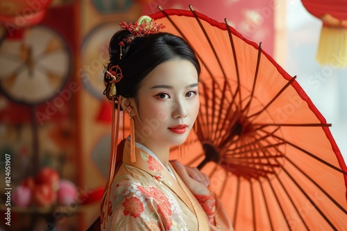Elegant woman in traditional attire holding a red umbrella