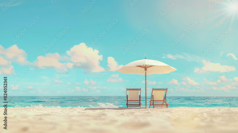Two chairs with umbrella set up on a sandy beach by the sea