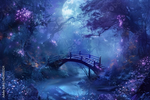 enchanted fairy tale forest with glowing bridge and full moon mystical fantasy landscape digital painting