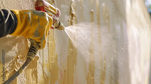 The sound of a buzzing paint sprayer fills the air as a worker carefully applies a layer of paint onto a blank wall.