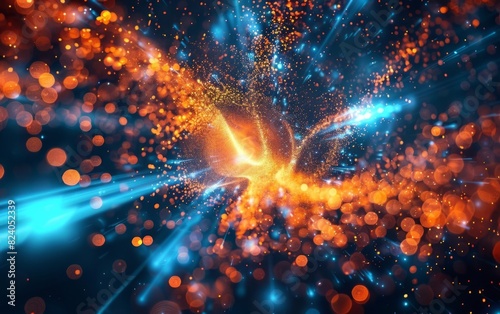 A vibrant cosmic swirl of fiery orange particles and brilliant blue light beams.
