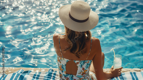 Woman in a floral swimsuit and sunhat enjoys a refreshing drink while lounging by the sparkling blue pool on a sunny day.