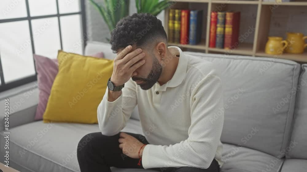 Young hispanic man at home, looking serious and sad, concept of sightless, covering eyes with hand, embodying rejection, and hiding Young hispanic man at home, looking serious and sad, concept of sightless, covering eyes with hand, embodying rejection, and hiding