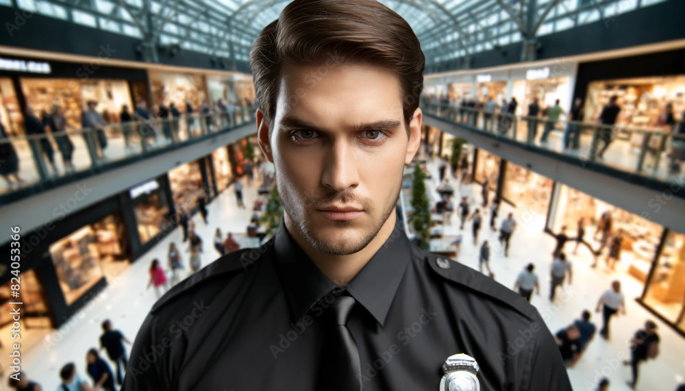 A man in a black shirt and tie stands in front of a crowd of people. He is a police officer and he is in a busy shopping mall A man in a black shirt and tie stands in front of a crowd of people. He is a police officer and he is in a busy shopping mall