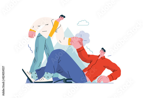 Mutual Support: Helping a fallen person get up -modern flat vector concept illustration of man assisting another man to stand up A metaphor of voluntary, collaborative exchanges of resource, services