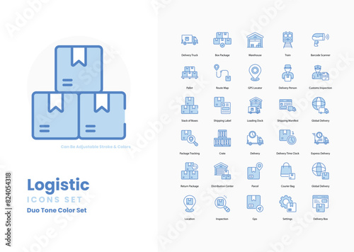 logistics icons collection. Set contains such Icons as truck, ship, plane, warehouse, delivery, package, forklift, pallet, route, cargo, container, freight, and more