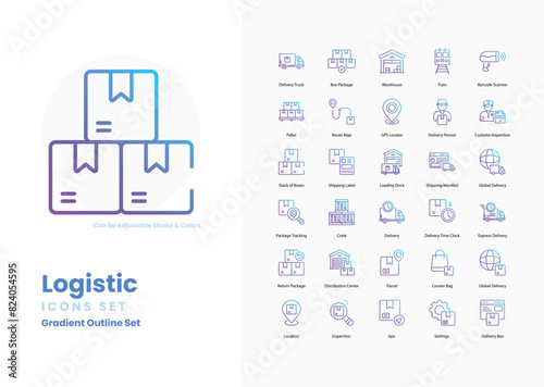 logistics icons collection. Set contains such Icons as truck, ship, plane, warehouse, delivery, package, forklift, pallet, route, cargo, container, freight, and more