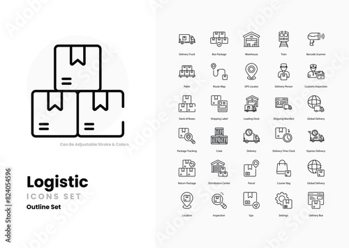 logistics icons collection. Set contains such Icons as truck, ship, plane, warehouse, delivery, package, forklift, pallet, route, cargo, container, freight, and more