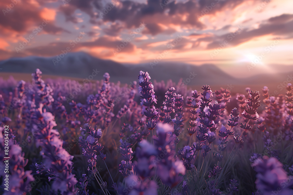 Naklejka premium A vast lavender field in full bloom under a clear sky