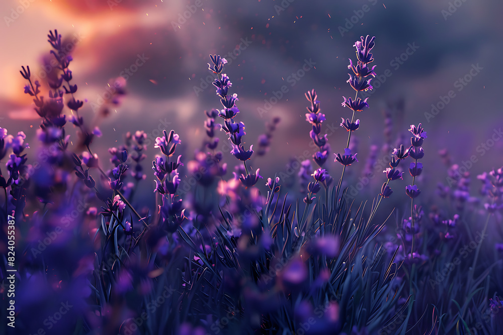 Naklejka premium A vast lavender field in full bloom under a clear sky