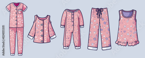 Girl pajamas set. Textile night clothes for kids sleepwear pajamas. Cute pink nightwear collection. Things for the good sleep. Cozy house clothes isolated on hellblau background. Vector illustration