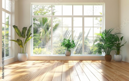 Bright room with large windows and wooden floor, potted plants by the wall. © OLGA