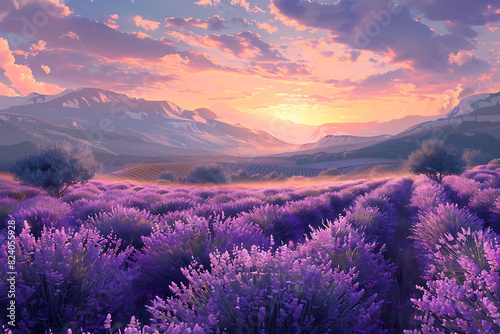 A vast lavender field in full bloom under a clear sky