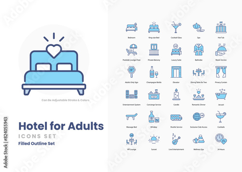 hotel for adults icons collection. Set contains such Icons as luxury, suite, spa, jacuzzi, nightlife, lounge, bar, casino, adult entertainment, romance, privacy, and more
