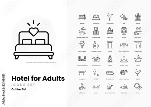 hotel for adults icons collection. Set contains such Icons as luxury, suite, spa, jacuzzi, nightlife, lounge, bar, casino, adult entertainment, romance, privacy, and more