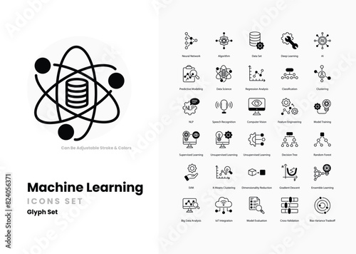 machine learning icons collection. Set contains such Icons as algorithm, neural network, artificial intelligence, data, training, model, prediction, classification, and more