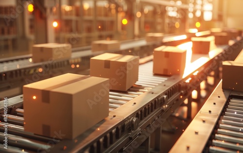 Cardboard boxes on a conveyor belt in a warmly lit warehouse.