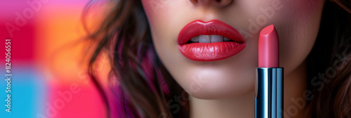 Close-up of pink lipstick with beautiful lips and colorful background