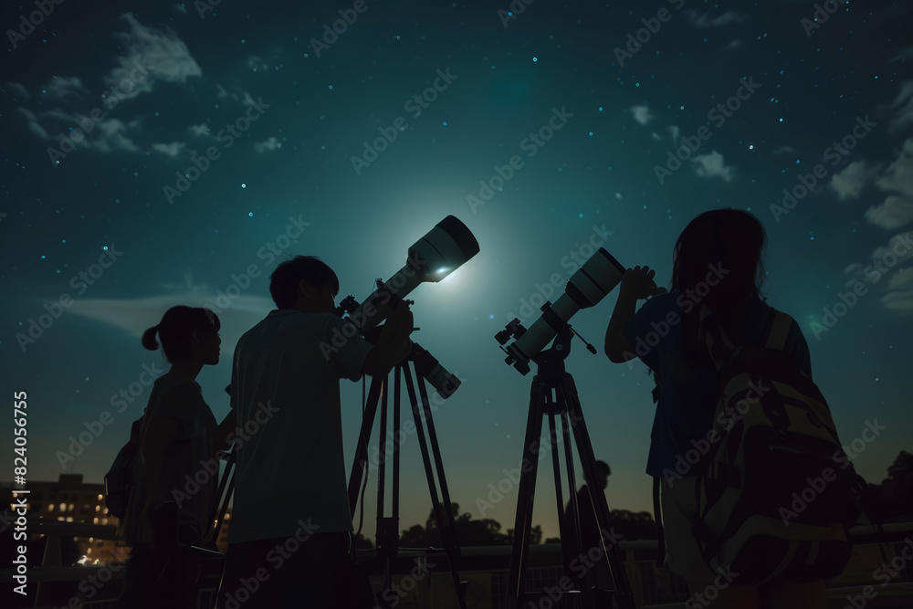 Motivated young astronomers setting up telescopes to observe the phases of the moon and track the movement of celestial bodies across the night sky.  Generative Ai.