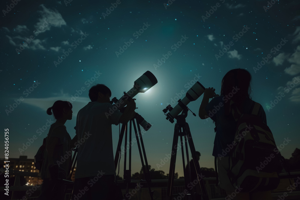 Motivated young astronomers setting up telescopes to observe the phases of the moon and track the movement of celestial bodies across the night sky. Generative Ai. Motivated young astronomers setting up telescopes to observe the phases of the moon and track the movement of celestial bodies across the night sky. Generative Ai.