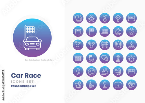 Car racing icons collection. Set contains such Icons as racecar, speed, finish line, checkered flag, pit stop, helmet, racing suit, track, grand prix, lap, and more