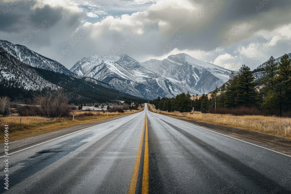 Open road leading towards majestic snow-covered mountains under a dynamic cloudy sky