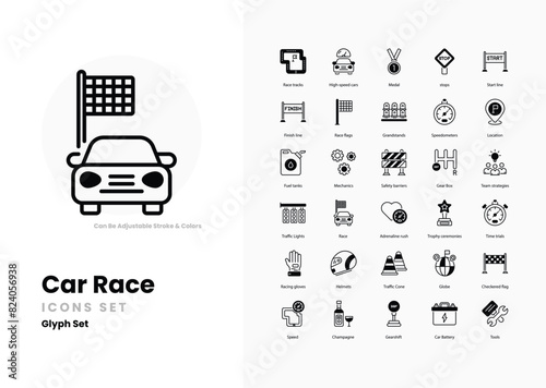 Car racing icons collection. Set contains such Icons as racecar, speed, finish line, checkered flag, pit stop, helmet, racing suit, track, grand prix, lap, and more