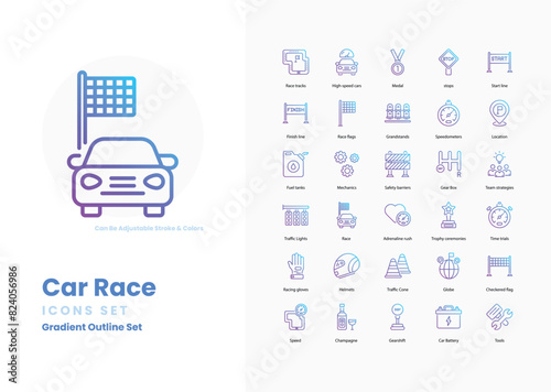 Car racing icons collection. Set contains such Icons as racecar, speed, finish line, checkered flag, pit stop, helmet, racing suit, track, grand prix, lap, and more