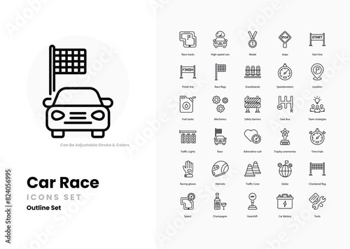 Car racing icons collection. Set contains such Icons as racecar, speed, finish line, checkered flag, pit stop, helmet, racing suit, track, grand prix, lap, and more