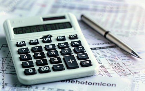 Close-up of a calculator and pen on financial documents. © OLGA