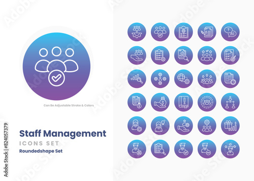 Staff management icons collection. Set contains such Icons as employee, team, leader, manager, recruitment, training, onboarding, performance, appraisal, and more