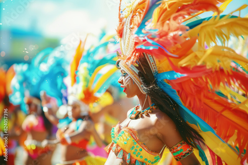 A vibrant Brazilian carnival procession, with revelers adorned in colorful costumes dancing to the rhythmic beat of samba music. Concept of cultural festivity and jubilation. Generative Ai.
