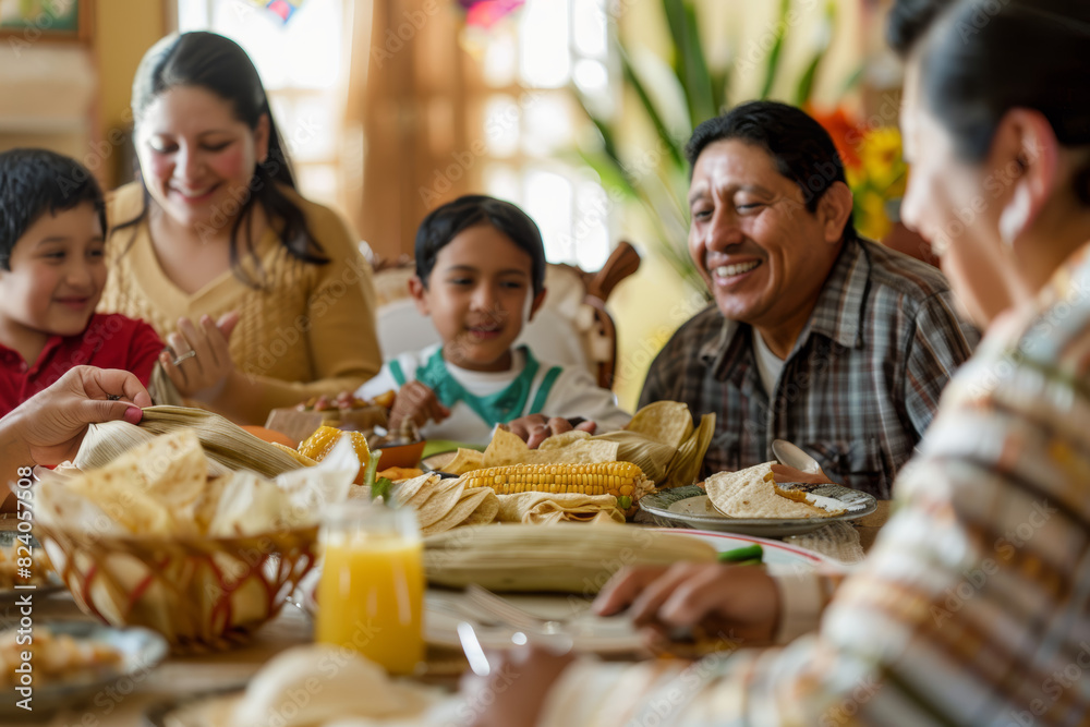 A Mexican family sharing laughter and stories around a table laden with tamales and tacos, embracing the joy of togetherness. Concept of cultural cuisine and familial warmth. Generative Ai.