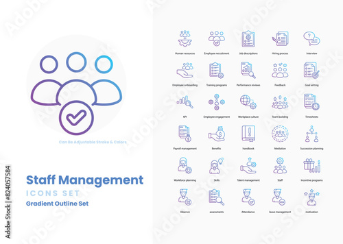 Staff management icons collection. Set contains such Icons as employee, team, leader, manager, recruitment, training, onboarding, performance, appraisal, and more