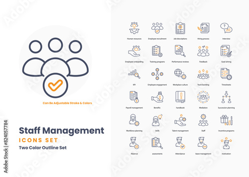 Staff management icons collection. Set contains such Icons as employee, team, leader, manager, recruitment, training, onboarding, performance, appraisal, and more