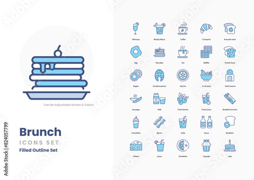 Brunch icons collection. Set contains such Icons as breakfast, lunch, eggs, pancakes, waffles, bacon, toast, coffee, juice, mimosas, avocado toast, and more