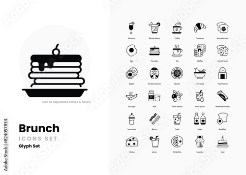 Brunch icons collection. Set contains such Icons as breakfast, lunch, eggs, pancakes, waffles, bacon, toast, coffee, juice, mimosas, avocado toast, and more