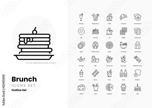 Brunch icons collection. Set contains such Icons as breakfast, lunch, eggs, pancakes, waffles, bacon, toast, coffee, juice, mimosas, avocado toast, and more