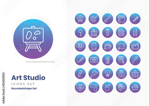 art studio icons collection. Set contains such Icons as paintbrush, easel, canvas, palette, paints, sketchbook, sculpture, clay, drawing, charcoal, and more