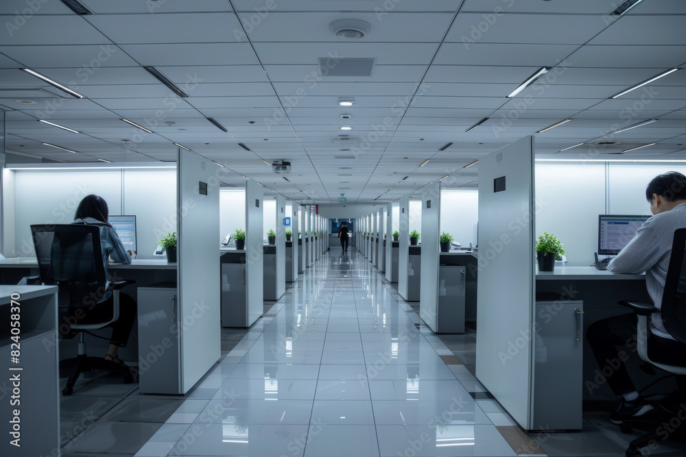 Fototapeta premium A row of cubicles where workers diligently multitask, fielding phone calls, responding to emails, and attending virtual meetings. Concept of multitasking and time management. Generative Ai.
