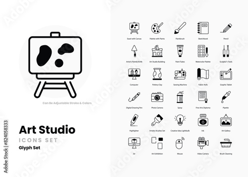 art studio icons collection. Set contains such Icons as paintbrush, easel, canvas, palette, paints, sketchbook, sculpture, clay, drawing, charcoal, and more