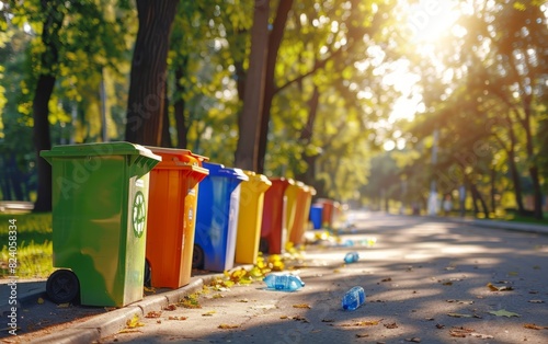 Colorful recycling bins lined up along a sunlit park pathway. © OLGA