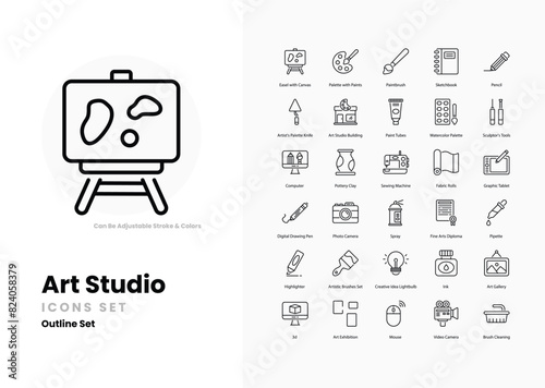 art studio icons collection. Set contains such Icons as paintbrush, easel, canvas, palette, paints, sketchbook, sculpture, clay, drawing, charcoal, and more