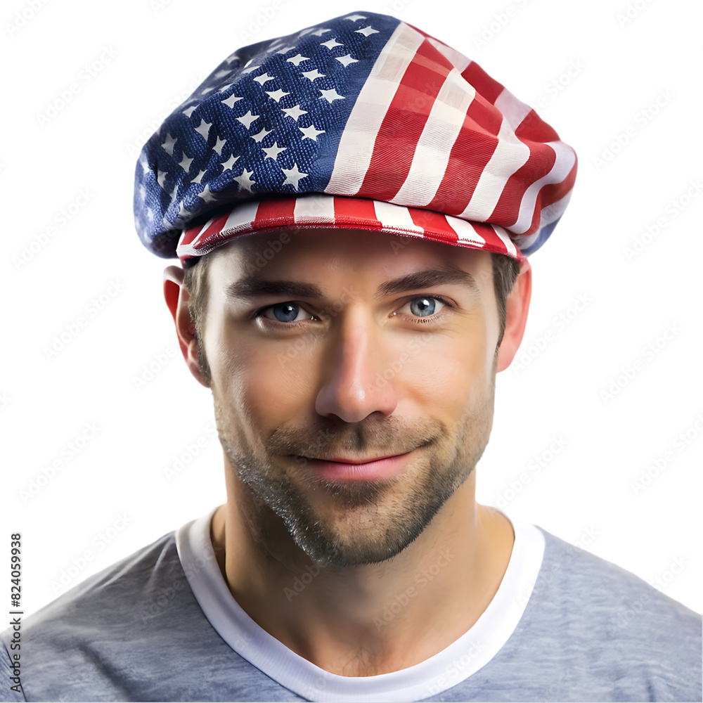 Male model wearing patriotic themed clothing on transparent background Male model wearing patriotic themed clothing on transparent background