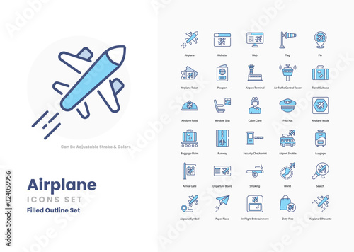 Airplane icons collection. Set contains such Icons as Runway, Departure, Arrival, Boarding, Cabin, Air Traffic Control, Sky, Clouds, Takeoff, Landing, and more